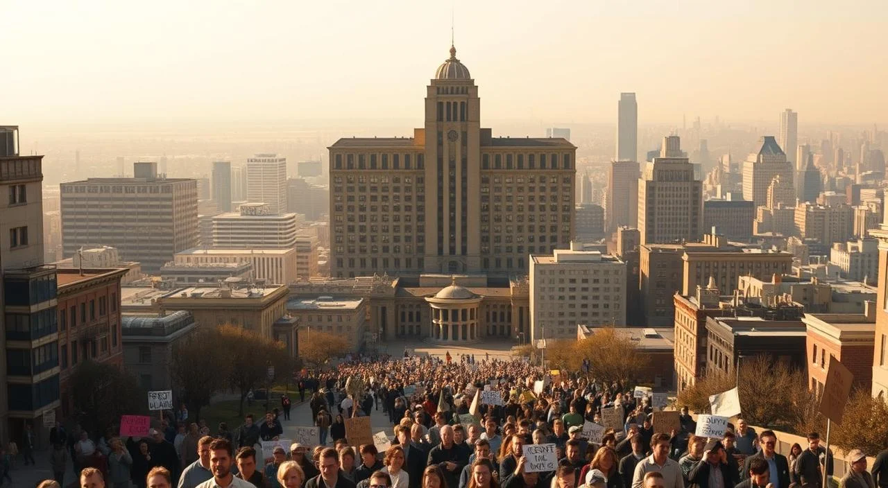 A bustling cityscape in the 1950s, with a towering psychiatric institution standing at the center, its imposing facade casting a long shadow over the surrounding streets. In the foreground, a crowd of protesters march, carrying signs and banners that call for the reform of the outdated mental health system. The scene is bathed in a warm, golden light, conveying a sense of hope and determination amidst the social upheaval. The middle ground features a mix of modern and dilapidated buildings, reflecting the uneven progress of the psychiatric reform movement. In the background, a hazy skyline stretches out, hinting at the broader societal changes that are shaping this pivotal moment in the history of mental health care.