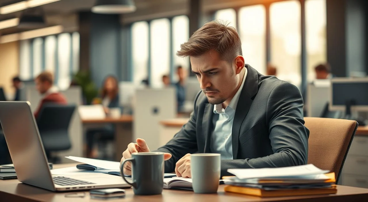 A busy office interior, with a professional-looking person sitting at a desk, appearing stressed and anxious. Soft, warm lighting illuminates the scene, casting gentle shadows. The desk is cluttered with papers, a laptop, and a mug of coffee, reflecting the pressures of the workday. The person's body language conveys tension, with furrowed brows and a clenched jaw. In the background, blurred office cubicles and colleagues can be seen, adding to the sense of a bustling, high-pressure environment. The overall atmosphere is one of unease and workplace-related anxiety.