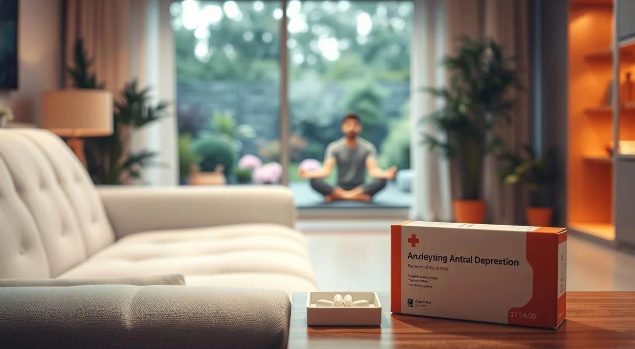 A calming and serene scene depicting various conventional treatments for anxiety and depression. In the foreground, a therapist's couch and a box of medication, representing psychotherapy and pharmacology. In the middle ground, a person meditating in a peaceful garden, symbolizing mindfulness and relaxation techniques. In the background, a warm and softly lit clinic interior, conveying a sense of professional care and support. The overall composition evokes a balanced and holistic approach to managing mental health challenges.
