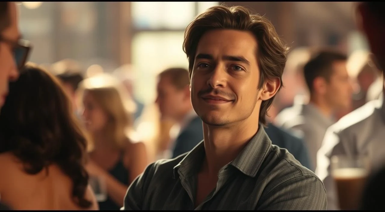 A candid, intimate scene of a person in a social gathering, comfortable and at ease with themselves. A warm, natural lighting casts a soft glow, highlighting the subject's relaxed posture and genuine expression. The background is blurred, drawing focus to the individual's authenticity and self-assurance. Subtle details, such as the subject's clothing and body language, convey a sense of comfort and confidence. The overall atmosphere is one of tranquility and self-acceptance, reflecting the idea of embracing one's true self without fear of judgment.