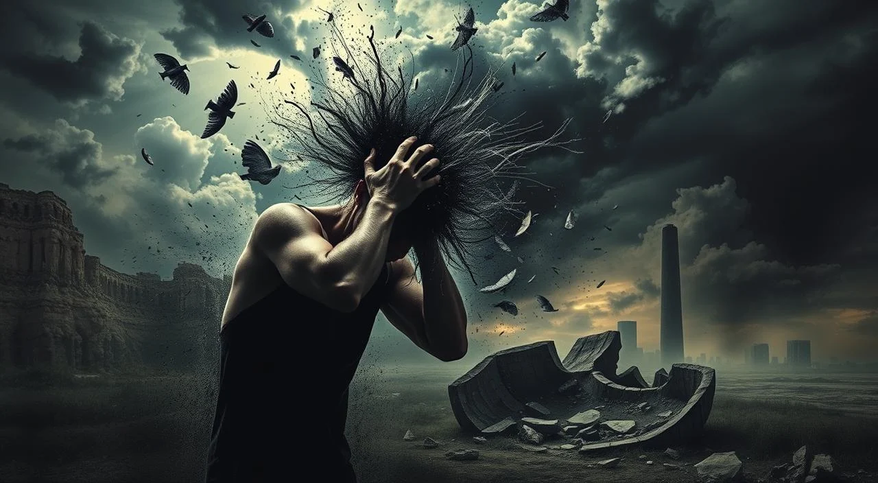 A chaotic whirlwind of emotions, anxiety and stress consume the mind and body. In the foreground, a figure writhes in distress, clutching their head as if to keep it from bursting. Surrounding them, a swirling vortex of dark, foreboding clouds and shards of light, representing the overwhelming turmoil. The middle ground features a fractured landscape, broken and unstable, symbolizing the destabilizing effects of anxiety. In the background, a hazy, undefined space, conveying the sense of being lost and disconnected from reality. Dramatic chiaroscuro lighting, casting deep shadows and highlighting the intensity of the emotional experience. The overall tone is one of intense, visceral anguish, capturing the essence of anxiety and stress.