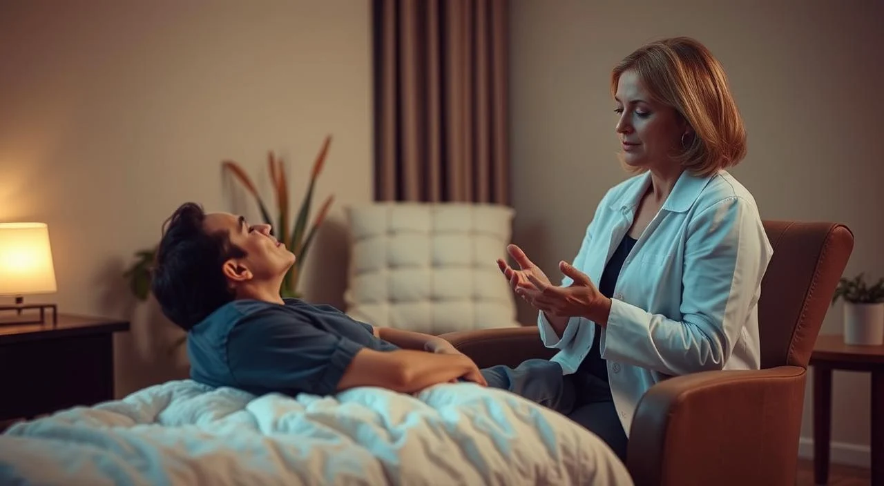 A clinical hypnosis session for anxiety treatment. In a warm, soothing environment, a patient reclines comfortably as a skilled hypnotherapist guides them into a state of deep relaxation. Soft lighting and muted colors create an atmosphere of tranquility, while the therapist's calm, reassuring voice helps the patient access their inner resources for healing and self-empowerment. The scene conveys the restorative power of hypnosis, with the patient feeling deeply at ease and open to positive suggestions that alleviate their anxiety.