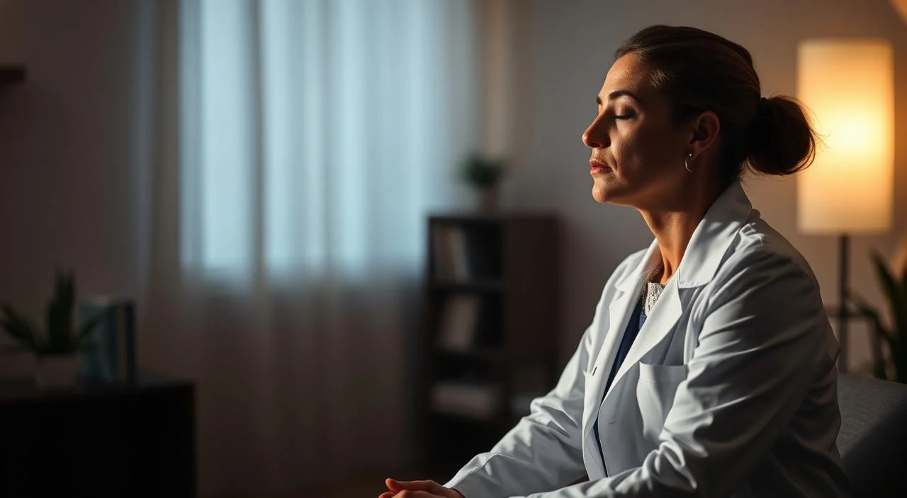A clinical hypnosis session taking place in a serene, dimly lit room. In the foreground, a physician in a white coat sits facing a patient, their gaze locked in a state of deep concentration. The patient's eyes are closed, their face relaxed, as they enter a state of heightened suggestibility. Soft, diffused lighting casts a warm, therapeutic glow, creating an atmosphere of trust and tranquility. The background is blurred, focusing the viewer's attention on the central interaction between the clinician and the patient, conveying the intimate, immersive nature of the hypnosis process.