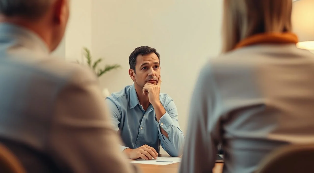 A clinical psychologist seated at their desk, deep in thought as they listen intently to their client during a therapy session. The office is warm and inviting, with soft lighting and minimalist decor that creates a soothing atmosphere. The psychologist's expression conveys empathy and focus, their body language open and engaged. The client, partially obscured, is seen from the shoulders up, their face hidden from view to preserve their privacy. The scene captures the profound connection and trust between the therapist and patient, the essence of the therapeutic process.