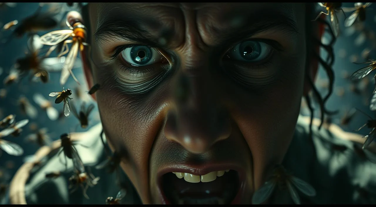 A close-up of a person's face exhibiting visible signs of fear and anxiety, with the eyes wide open, brow furrowed, and mouth slightly agape. The subject is surrounded by a swarm of realistic, detailed insects crawling and flying around them, creating a claustrophobic and unsettling atmosphere. The lighting is dramatic, with harsh shadows and highlights, creating a sense of unease. The depth of field is shallow, keeping the face in sharp focus while blurring the insects in the foreground and background, emphasizing the subject's distress. The overall mood is one of discomfort, panic, and a visceral reaction to the insect stimuli.
