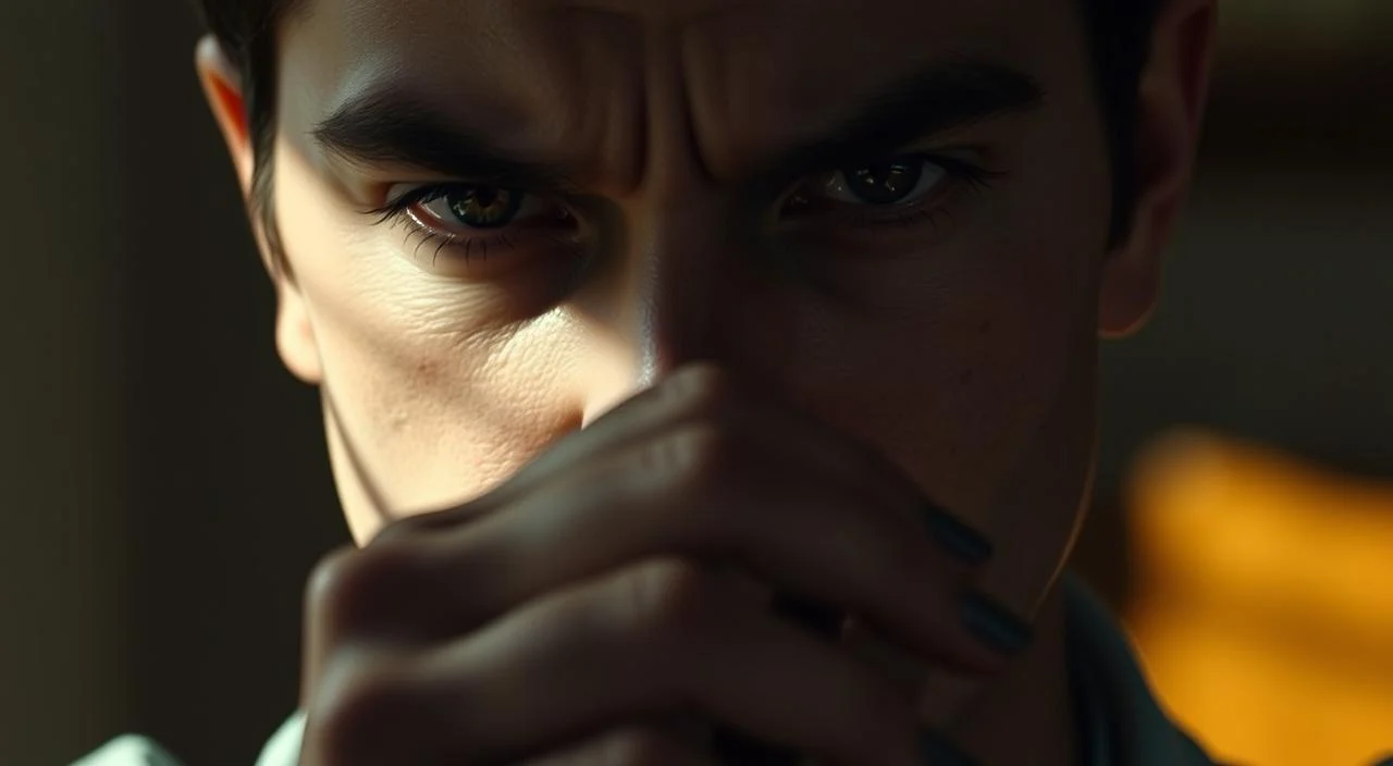 A close-up view of a person's face, showcasing their intense gaze and furrowed brow, expressing a deep sense of concentration and attention to detail. The lighting is soft and natural, creating shadows that accentuate the features and convey a contemplative mood. In the middle ground, the person's hands are clasped tightly, their fingers intertwined, symbolizing the need for control and precision. The background is blurred, creating a minimalist and focused environment, free from distractions. The overall atmosphere exudes a sense of self-scrutiny and a relentless pursuit of perfection.