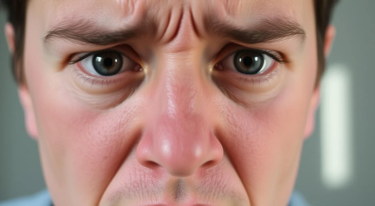 A close-up view of a person's face, showing visible physical signs of anxiety. The forehead is slightly furrowed, the eyebrows are raised, and the eyes are wide open with a concerned expression. The skin appears slightly flushed, and the person's mouth is slightly parted, suggesting rapid, shallow breathing. The lighting is natural, with soft, diffused lighting from the side, creating subtle shadows that accentuate the facial features. The background is blurred, keeping the focus on the face and the emotional state it conveys.