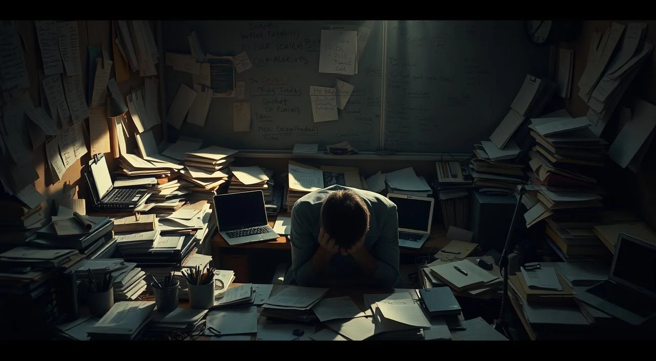 A cluttered desk overflowing with scattered papers, laptops, and half-finished tasks, casting long shadows in the dim, moody lighting. In the foreground, a person hunched over, overwhelmed by the accumulation of responsibilities, with a pained expression on their face. The middle ground reveals a tangle of to-do lists, reminders, and frantic scribbles, while the background fades into a hazy, blurred representation of the daily grind. The scene conveys a sense of stress, procrastination, and the relentless burden of an overburdened routine.
