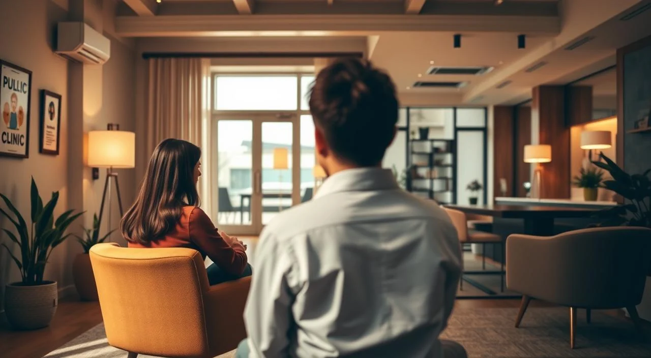 A comparison of free and private psychological care. In the foreground, a person sits in a cozy, well-lit therapy room, speaking with a professional counselor. In the middle ground, a public clinic with a waiting area and signage indicating free services. In the background, an upscale private practice with modern decor and a serene, peaceful atmosphere. The lighting is warm and natural, the scene conveying a sense of contemplation, empathy, and the different options available for mental health support. The overall mood is one of understanding the distinctions between accessible, no-cost care and the enhanced privacy and personalization of private treatment.
