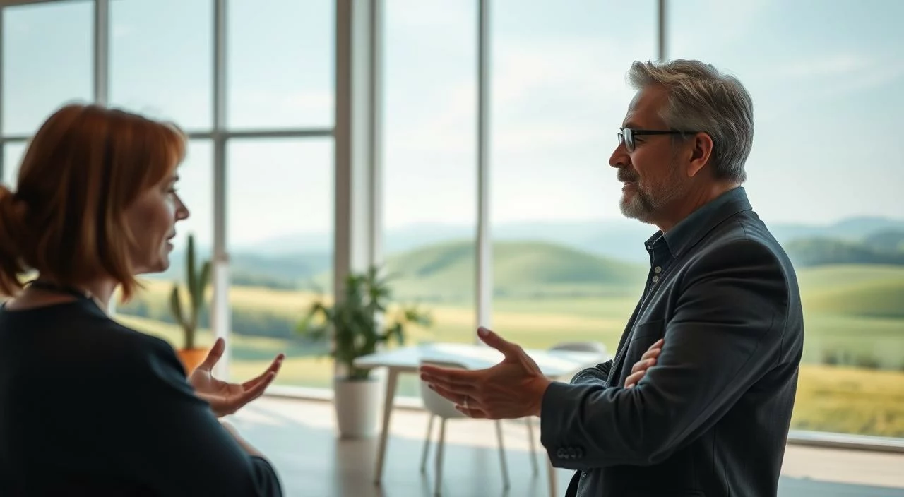 A confident and assertive person engaged in thoughtful dialogue, their body language open and inviting. In the mid-ground, a peaceful, minimalist office setting with natural lighting streaming through large windows. The background depicts a serene, abstract landscape in soothing shades of blue and green, conveying a sense of emotional security and inner calm. The overall atmosphere is one of constructive communication, self-assurance, and personal growth.