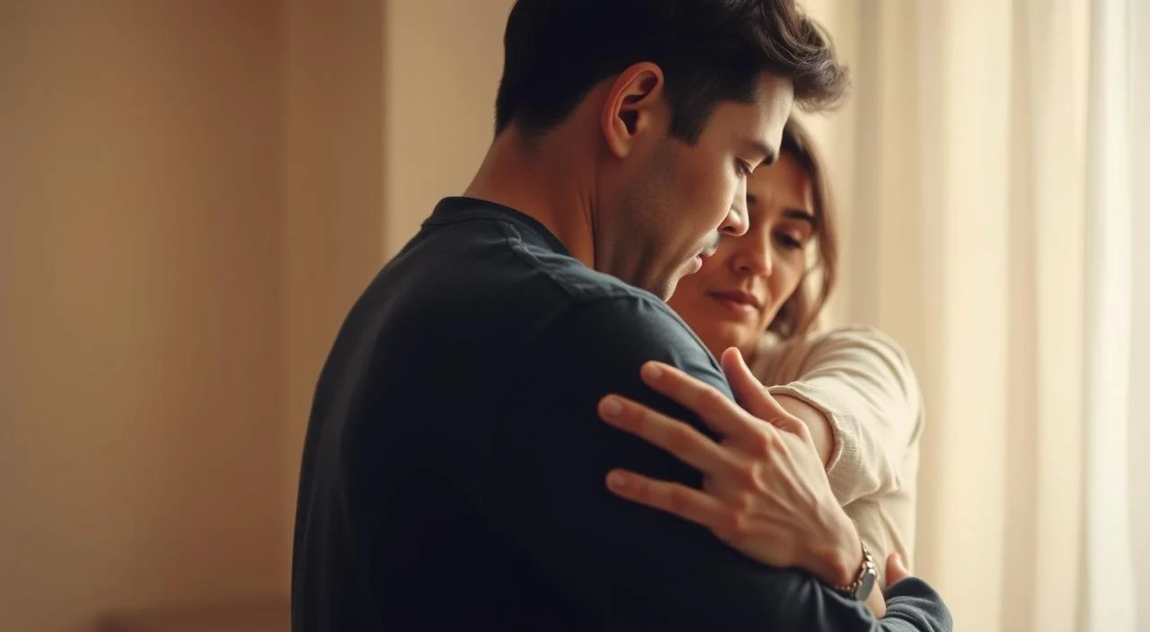 A couple embracing, their bodies interlocked in a gesture of understanding and compassion. The foreground features their faces, expressions soft and empathetic, conveying a deep emotional connection. The middle ground depicts their embracing forms, the gentle curves of their bodies mirroring one another. The background is blurred, suggesting a peaceful, serene environment that nurtures this intimate moment. The lighting is warm and diffused, creating a sense of safety and comfort. The overall mood is one of tenderness, mutual understanding, and the overcoming of personal barriers through empathetic connection.