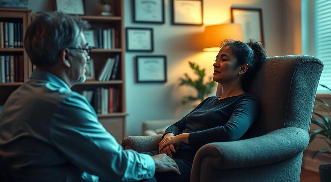 A cozy clinical office setting, with a calm and inviting atmosphere. In the foreground, a hypnotherapist sits facing a patient, their expressions serene and focused. The patient is reclined comfortably on a plush armchair, eyes gently closed, their body language conveying deep relaxation. Soft, diffused lighting illuminates the scene, creating a tranquil ambiance. In the background, bookshelves lined with medical volumes and diplomas suggest the expertise of the practitioner. The overall composition evokes a sense of trust, security, and the transformative power of clinical hypnosis.
