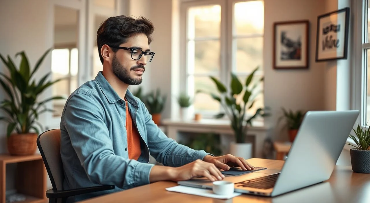 A cozy home office scene with a person in casual attire sitting at a desk, laptop open, engaged in an online therapy session. The room is well-lit, with warm, natural lighting filtering through large windows, creating a calming atmosphere. The background features soothing, neutral-toned decor, with plants and minimal artwork adding a sense of tranquility. The person's expression conveys focus and thoughtfulness, reflecting the meaningful nature of the virtual therapy session. The overall composition suggests the convenience, comfort, and privacy of receiving mental health support from the comfort of one's own space.