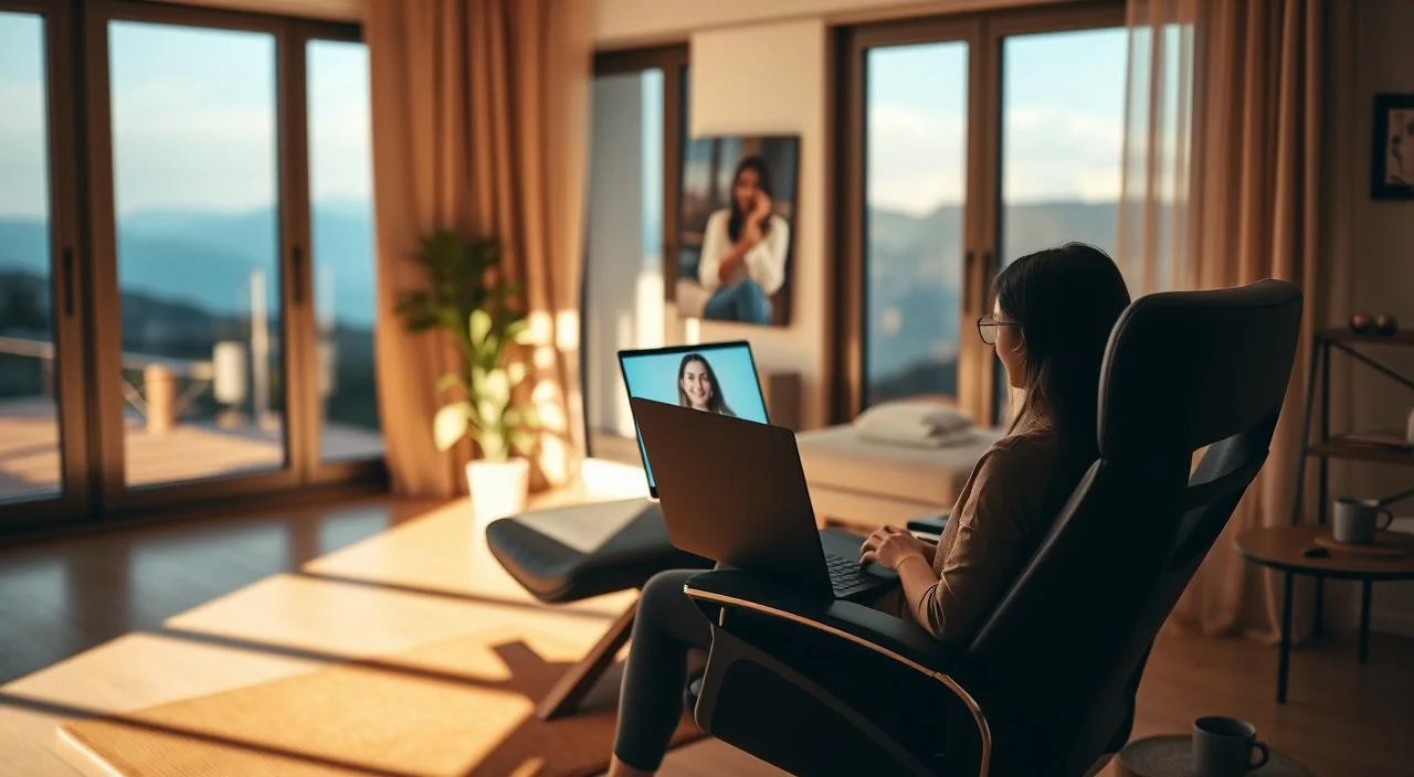A cozy home office setting, bathed in warm, natural lighting streaming through large windows. In the foreground, a person sits comfortably in an ergonomic chair, engaged in an online video call with a therapist, their face illuminated by the soft glow of the laptop screen. The middle ground features minimalist, zen-inspired decor - a potted plant, a warm-toned area rug, and a small side table with a cup of tea. The background showcases a serene, blurred landscape view, hinting at the tranquility and comfort of this remote therapeutic experience. The overall mood is one of relaxation, intimacy, and the benefits of accessible, personalized mental health care.