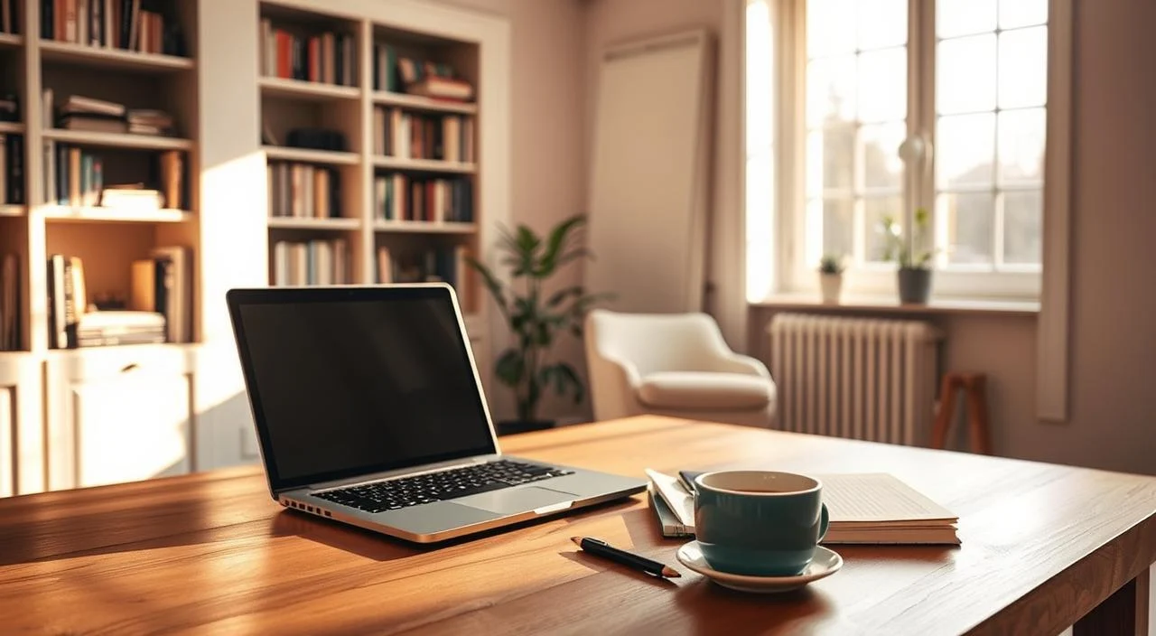 A cozy home office setting with a laptop, notebook, and a cup of coffee on a wooden desk. The room is bathed in warm, natural lighting from a large window, casting a soft glow on the scene. In the background, bookshelves line the walls, hinting at the intellectual and therapeutic nature of the space. The overall atmosphere is one of calm, focus, and personal growth, reflecting the essence of online psychotherapy. A minimalist, yet inviting design creates a comfortable, distraction-free environment for virtual counseling sessions.