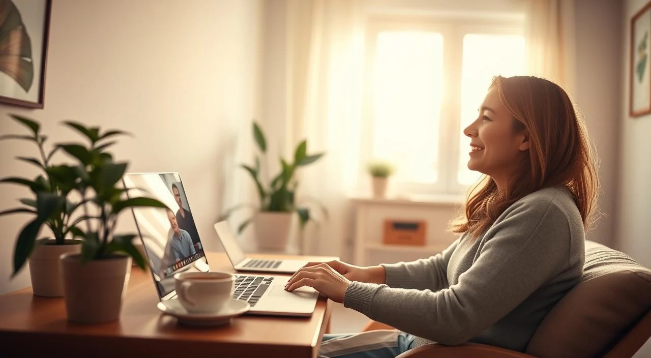A cozy home office setup with a laptop, a cup of tea, and a calming indoor plant. The room is filled with soft, natural lighting from a large window, creating a warm and inviting atmosphere. In the foreground, a woman is intently focused on her screen, engaged in an online therapy session. Her expression is one of relief and clarity, reflecting the benefits of remote psychological support. The background features soothing pastel tones and minimal decor, allowing the subject to remain the central focus. An overall sense of tranquility and personal growth pervades the scene.