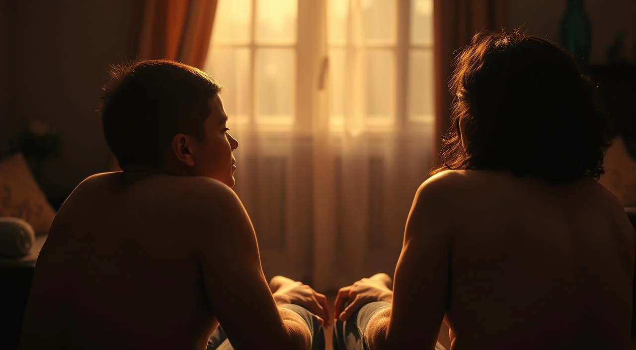 A cozy, intimate setting with two people seated across from each other, their bodies angled towards one another, conveying a sense of deep connection and authentic vulnerability. Soft, warm lighting casts a gentle glow, creating an atmosphere of trust and openness. The individuals' faces are visible, expressing a range of emotions - vulnerability, empathy, and genuine intimacy. The background is blurred, focusing the viewer's attention on the individuals' connection. The composition suggests a moment of profound self-reflection and interpersonal trust, capturing the essence of "relações autênticas" (authentic relationships).