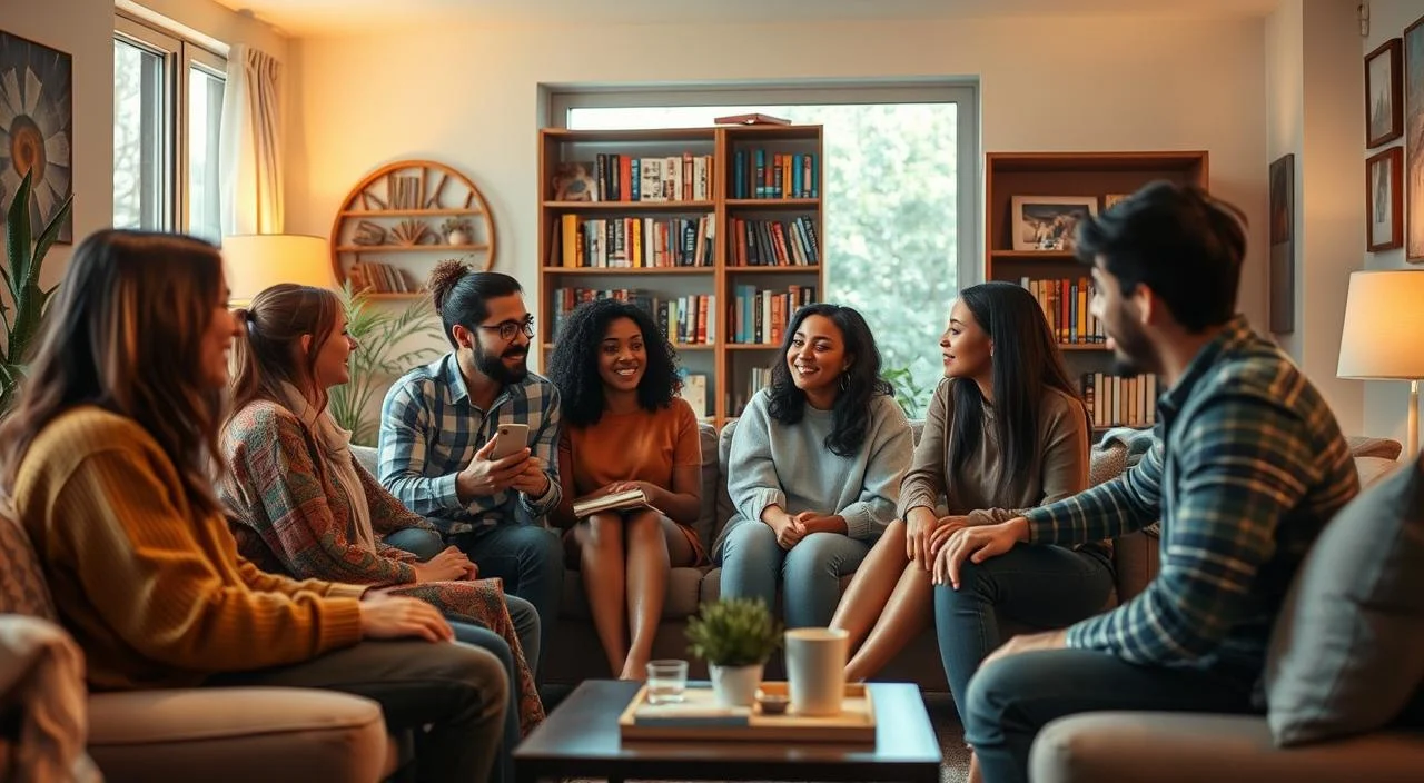 A cozy living room scene, with warm lighting and soft, inviting furnishings. In the foreground, a group of diverse individuals engaged in animated conversation, their body language and facial expressions conveying a sense of comfort and camaraderie. In the middle ground, a bookshelf filled with tomes, suggesting an atmosphere of intellectual curiosity. The background features a large window, allowing natural light to filter in and creating a sense of openness and tranquility. The overall scene exudes a feeling of relaxation and connection, showcasing effective strategies for navigating challenging social situations.