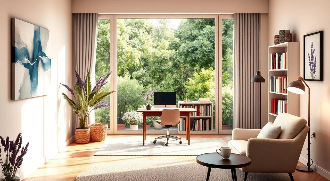 A cozy, serene office setting with a large window overlooking a tranquil garden. A comfortable armchair and side table with a cup of tea sit in the foreground, inviting the viewer to relax and unwind. The walls are adorned with soothing, abstract artwork in calming colors. Soft, diffused lighting creates a calming ambiance, and the room is filled with the comforting aroma of lavender. In the middle ground, a professional therapist's desk is positioned, surrounded by bookshelves filled with psychology texts. The background features a lush, verdant garden, promoting a sense of harmony and well-being. This image conveys the concept of "Auxílio Psicológico e Bem-Estar Emocional" - a safe, nurturing space for emotional support and personal growth.
