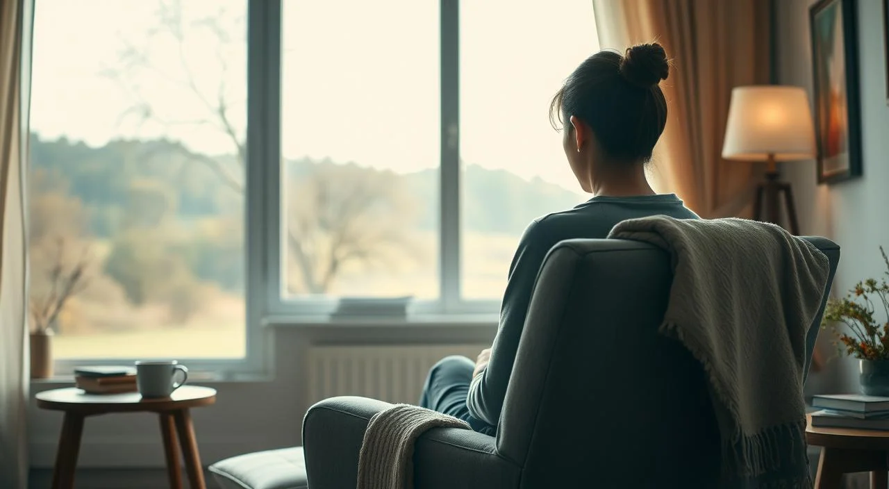 A cozy, well-lit home interior with a comfortable armchair in the foreground. A person sitting in the chair, their face obscured, gazing introspectively out a large window overlooking a peaceful, natural landscape. Soft, muted colors and gentle lighting create a calming, nurturing atmosphere. Subtle details like a mug of tea, a soft throw blanket, and a few carefully chosen books or personal items on a side table convey a sense of self-care and emotional support. The composition and lighting work together to evoke a mood of solace, reflection, and the warmth of a secure, supportive environment.