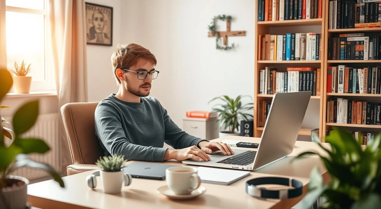 A cozy, well-lit home office with a person sitting comfortably at a desk, working on a laptop. Soft, natural lighting filters through a nearby window, casting a warm glow on the scene. The desk is neatly organized, with a plant, a cup of tea, and a pair of headphones, conveying a sense of calm and focus. The background features a bookshelf filled with psychology and self-help titles, hinting at the theme of accessible online therapy. The overall atmosphere is one of tranquility and productivity, reflecting the benefits of mental health care that is readily available and easily accessed.