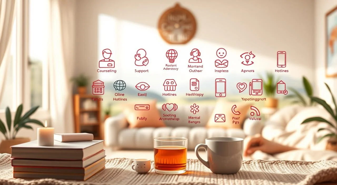 A cozy, well-lit room filled with soothing, pastel-hued illustrations depicting various emotional support resources. In the foreground, a stack of books, relaxing aromatherapy candles, and a cup of herbal tea. The middle ground showcases vibrant, hand-drawn icons representing online counseling, support hotlines, and mental health apps. The background features a calming, blurred landscape with soft, natural lighting, conveying a sense of tranquility and care. The overall scene emanates a warm, comforting atmosphere, inviting the viewer to explore these free, accessible emotional support tools.