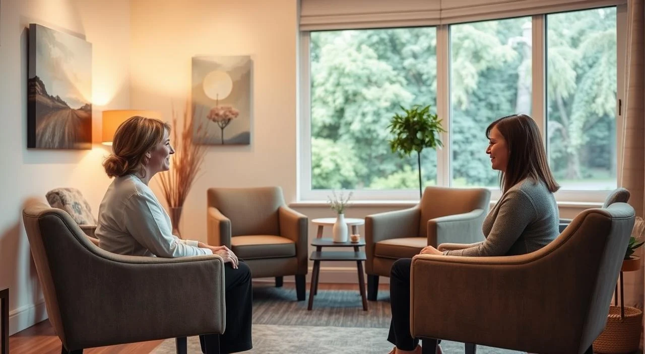 A cozy, well-lit therapy room with warm, soft lighting and a calming atmosphere. In the foreground, a therapist and patient sit facing each other, engaged in a meaningful conversation, their body language conveying trust and openness. The middle ground features a neatly arranged seating area with comfortable armchairs and a small table, creating an inviting and soothing environment. The background showcases gentle, abstract wall art and a large window overlooking a serene, lush outdoor scene, providing a sense of tranquility and connection to the natural world. The overall impression is one of comfort, understanding, and the nurturing of relationships through the therapeutic process.