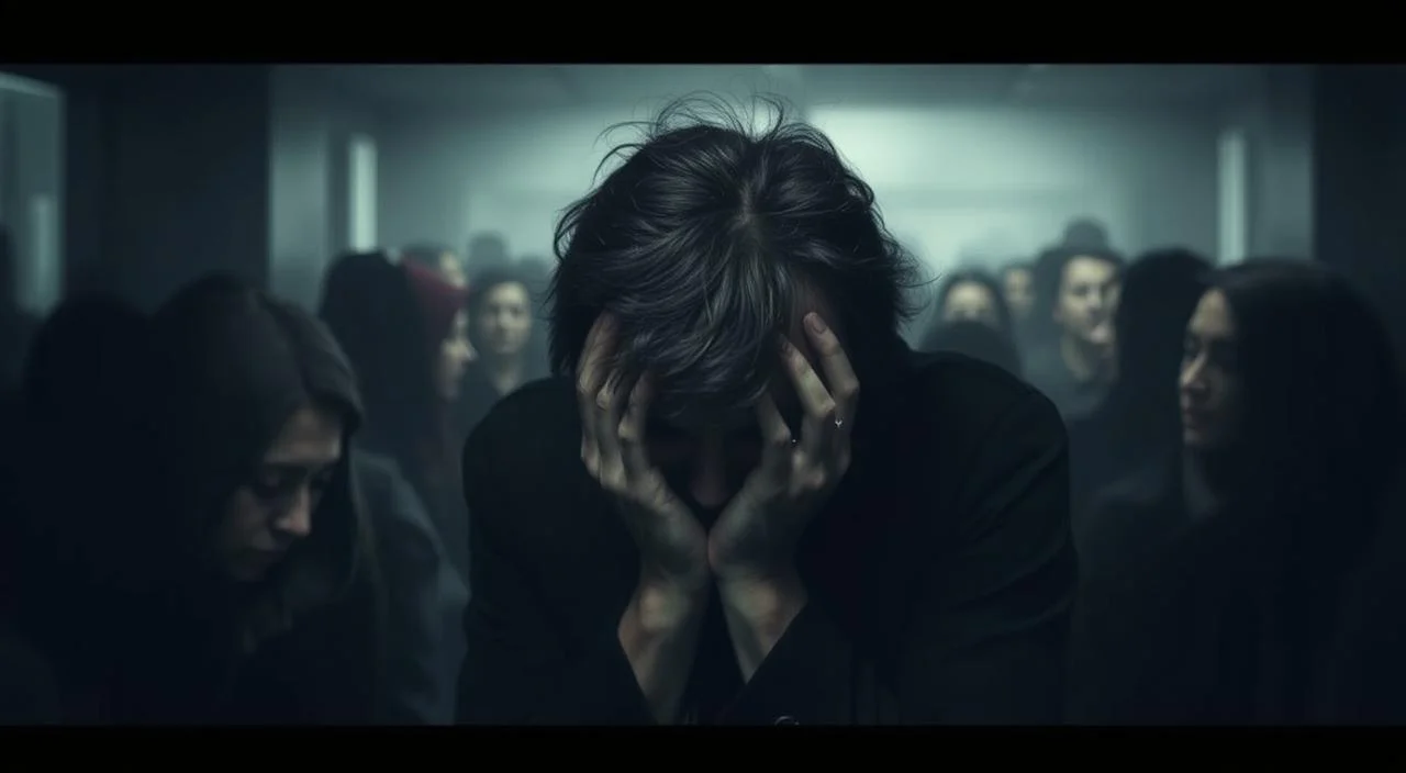 A dark, claustrophobic scene of a person overwhelmed by their social anxiety. In the foreground, a figure hunched over, hands gripping their head, eyes squeezed shut, struggling to cope with the intense feelings of fear and self-consciousness. The middle ground features a blurred, distorted crowd of faceless people, creating a sense of judgment and scrutiny. The background is hazy and indistinct, further emphasizing the individual's isolation and disconnection from their surroundings. Dramatic shadows and muted colors evoke a somber, oppressive atmosphere, reflecting the mental anguish of social phobia.