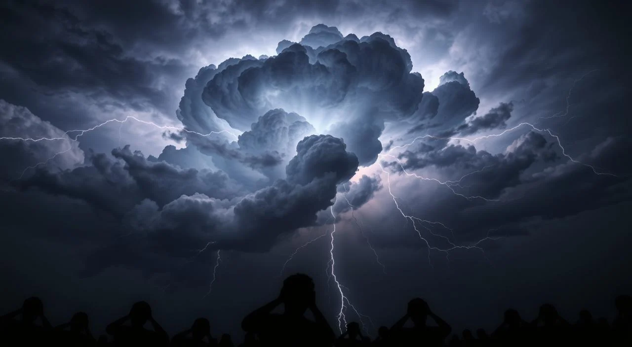 A dark, ominous sky filled with swirling storm clouds, the air charged with electricity. In the center, a looming thundercloud, its jagged edges illuminated by intermittent flashes of lightning. Silhouetted figures cower beneath, hands covering their ears, faces contorted in fear. The scene conveys the overwhelming power and unpredictability of a thunderstorm, evoking the sense of dread and panic associated with astraphobia, the fear of thunder and lightning.