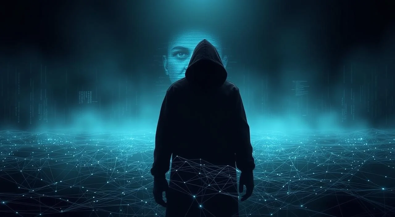 A dark, shadowy figure looms over a digital landscape, casting an ominous presence. In the middle ground, a tangled web of data streams and network cables weave an intricate maze, representing the complexities of the digital realm. In the background, a distorted face, its features obscured by pixels and glitches, symbolizes the disconnection and anonymity that can breed insecurity online. Soft, moody lighting and a somber color palette evoke a sense of unease and vulnerability, capturing the essence of the "origins of digital insecurity."
