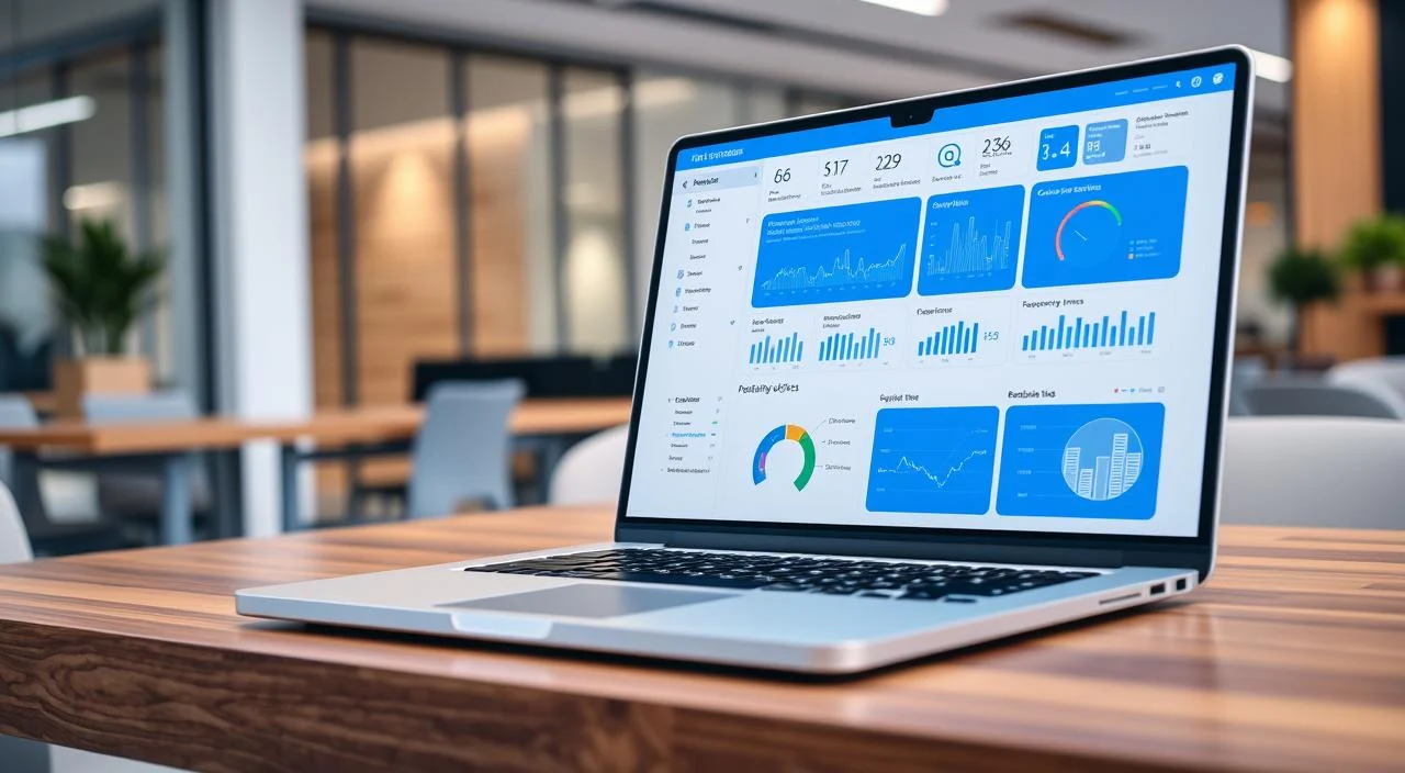 A data visualization dashboard displayed on a laptop screen, showcasing charts, graphs, and analytics related to online customer service interactions. The dashboard features a clean, minimalist design with a blue and white color scheme, highlighting key performance metrics such as customer satisfaction, response times, and resolution rates. The laptop is situated on a modern, wooden desk, with a sleek office environment visible in the background, suggesting a professional, data-driven setting. The lighting is soft and diffused, creating a serene and focused atmosphere. The overall scene conveys the insightful nature of online customer service data analysis, aligning with the "Dados e análises: O que o atendimento online pode revelar" section title.