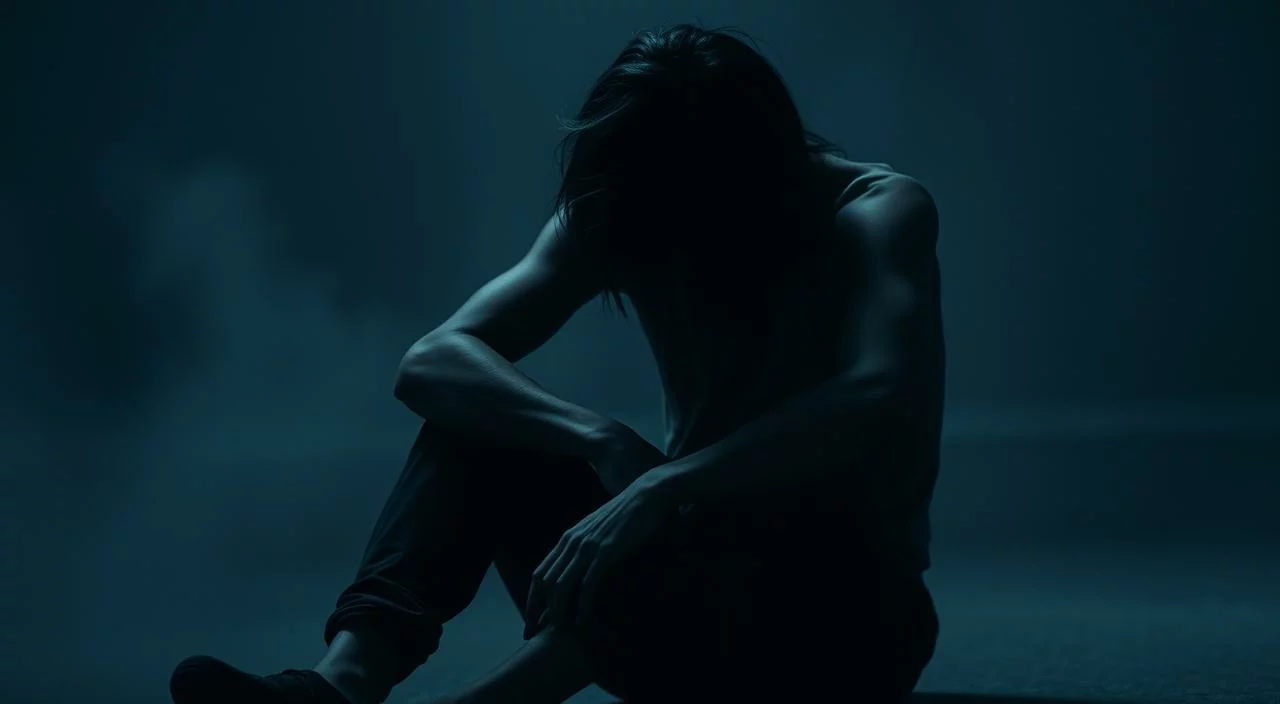 A dejected figure sits alone, head bowed, shoulders slumped, their face obscured by shadows. The surroundings are muted, with a sense of isolation and introspection. Muted tones of gray and blue create a somber, introspective atmosphere. Soft, diffused lighting casts a melancholic glow, highlighting the figure's vulnerability and fragile self-esteem. The composition emphasizes the subject's inward focus, conveying the weight of low self-worth and the fear of judgment from others.