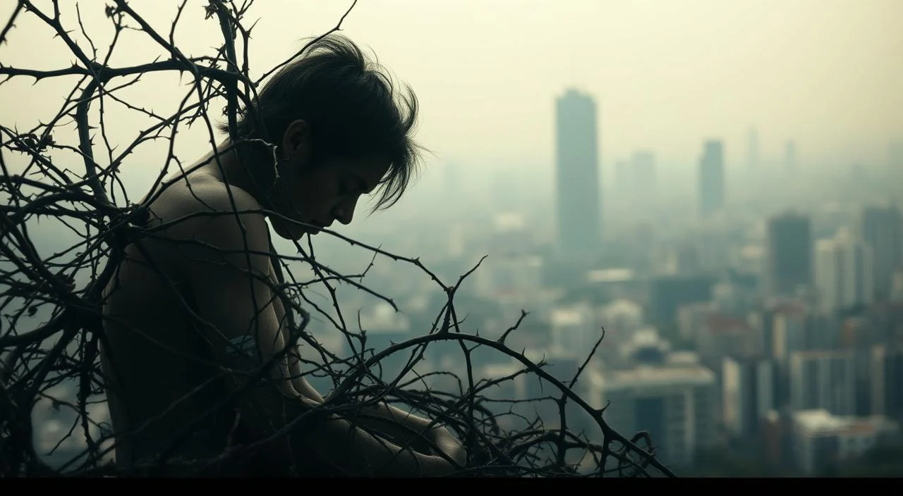 A despairing figure, head bowed, shoulders hunched, trapped in a tangle of thorns and vines. The scene is bathed in a soft, muted light, conveying a sense of vulnerability and isolation. In the background, a blurred, hazy cityscape suggests the overwhelming nature of social exposure. The overall atmosphere evokes the profound impact of social anxiety, the crippling fear of judgment and scrutiny that can consume one's existence. This powerful visual metaphor captures the essence of "Compreendendo o medo de exposição e seu impacto".