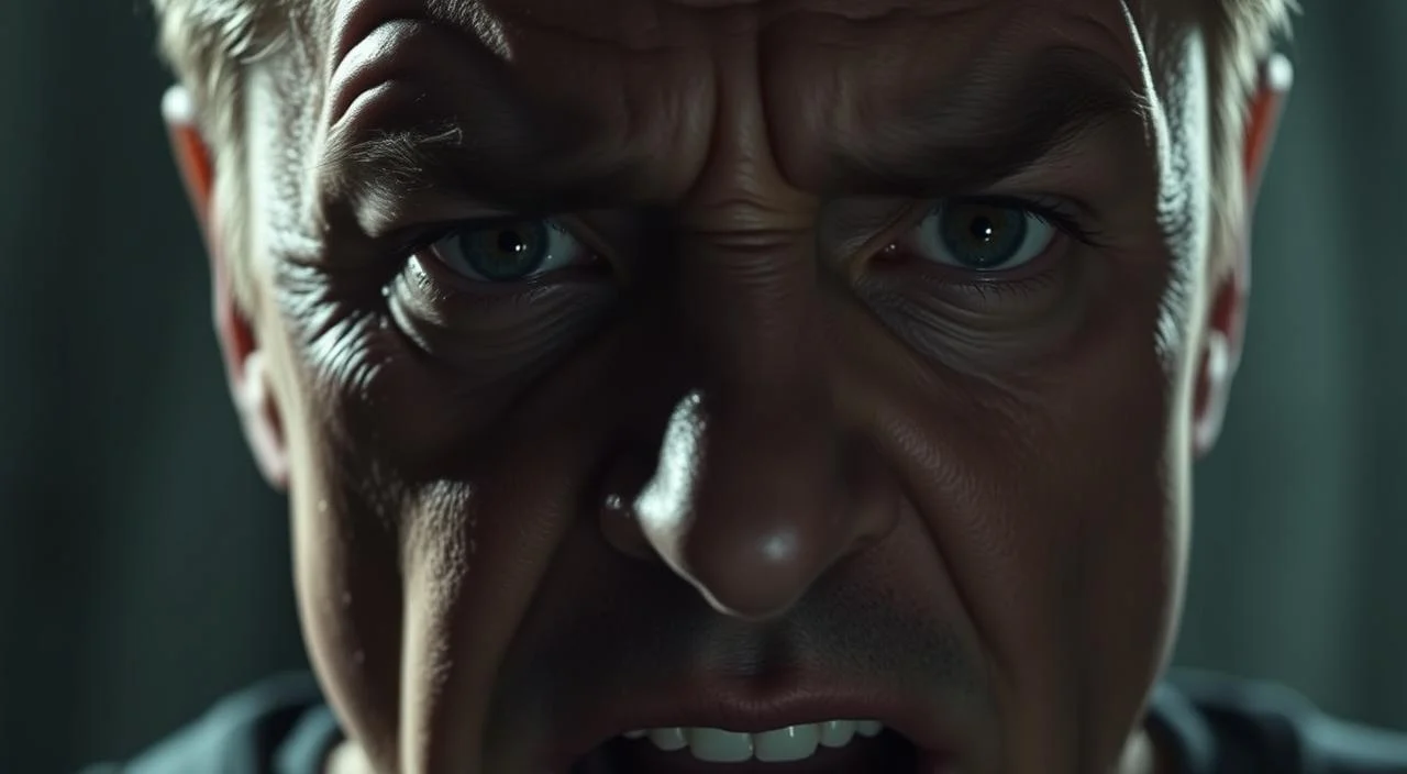 A detailed close-up of a human face expressing the physical symptoms of anxiety. The forehead is wrinkled, the brows are furrowed, the eyes are wide with a worried, fearful gaze. The mouth is slightly open, the lips tense, and beads of sweat are visible on the skin. The lighting is dramatic, casting deep shadows that accentuate the lines and tension in the face. The background is blurred, keeping the focus on the intense facial expression that conveys the overwhelming, visceral experience of anxiety.