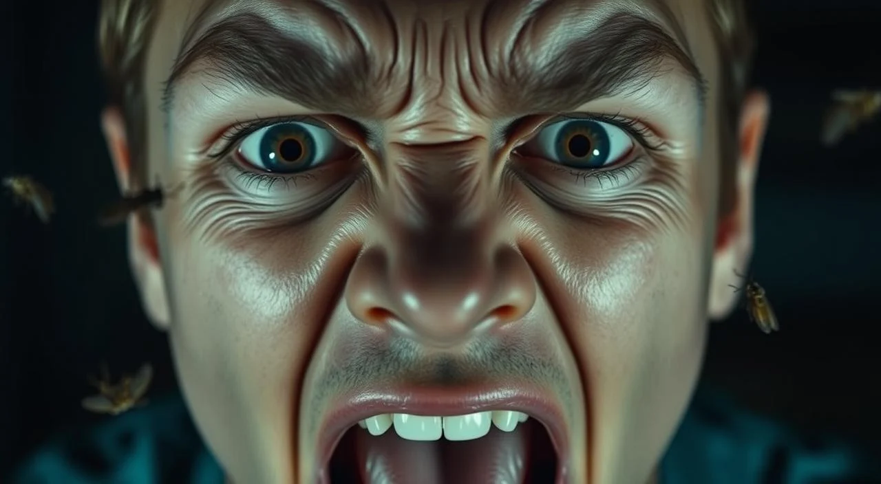 A detailed close-up view of a person's face displaying intense fear and panic, with eyes wide open, brow furrowed, and mouth agape. The skin is pale and clammy, with beads of sweat visible. The expression conveys a visceral reaction to the presence of insects, whether real or perceived. The background is blurred and out of focus, placing the emphasis solely on the person's face and the emotional state it represents. The lighting is harsh, creating dramatic shadows and highlights that accentuate the anxiety and distress. The image aims to capture the essence of the symptoms and impacts of entomophobia, a debilitating fear of insects, on an individual's well-being.