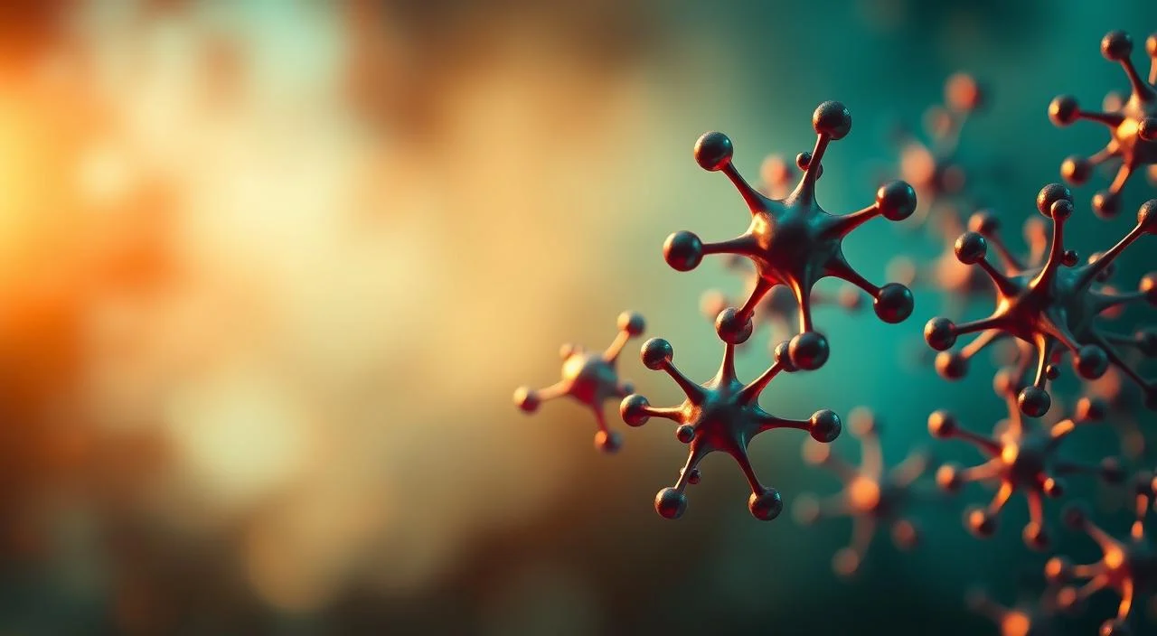 A detailed close-up view of neurotransmitter molecules floating in a hazy, teal-colored atmosphere. The neurotransmitters appear vibrant and dynamic, with intricate molecular structures and various shapes and sizes. A warm, glowing light illuminates the scene from the left, casting soft shadows and creating a sense of depth and dimension. The background is blurred, allowing the neurotransmitters to be the focal point, emphasizing their importance and connection to the broader concept of generalized anxiety disorder.