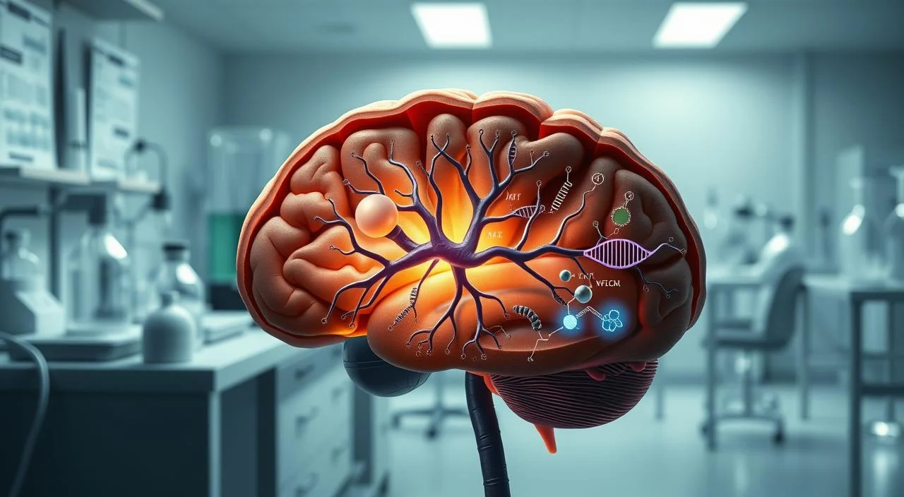 A detailed cross-section illustration of the biological factors influencing mental health, set against a clean, scientific backdrop. In the foreground, prominent anatomical structures like the brain, nervous system, and endocrine glands are depicted with precision. The middle ground showcases molecular pathways, neurotransmitters, and genetic factors, all interconnected and highlighted with a subtle color scheme. In the background, a softly blurred landscape of medical equipment, laboratory glassware, and research notes conveys the clinical environment. Bright, directional lighting casts dramatic shadows, emphasizing the complexity and importance of these biological underpinnings of mental wellbeing. Rendered in a detailed, technical style to match the academic nature of the subject matter.