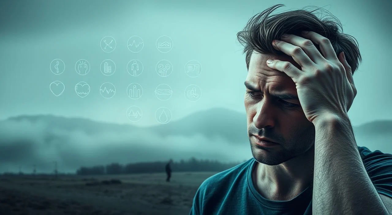 A detailed illustration of the physical and mental symptoms of anxiety, and their detrimental impact on one's quality of life. In the foreground, a person grasping their head in distress, with visible signs of tension and unease. In the middle ground, a cascading series of icons representing common anxiety symptoms such as rapid heartbeat, sweating, and shortness of breath. In the background, a hazy, muted landscape conveying a sense of isolation and diminished vitality. The scene is bathed in cool, muted tones, creating a somber, introspective atmosphere that reflects the debilitating effects of advanced anxiety on daily well-being.