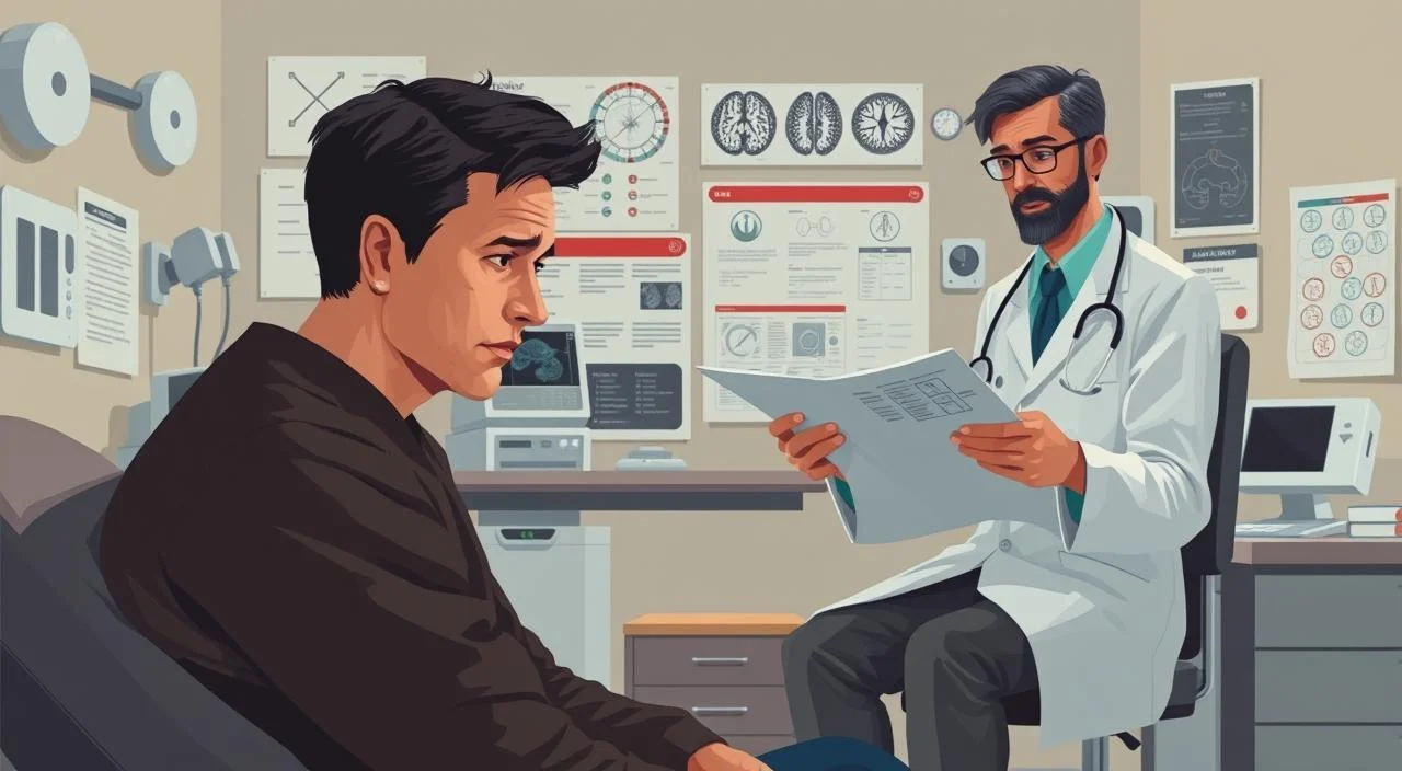 A detailed medical illustration depicting the diagnosis process for anxiety disorders. In the foreground, a calm and pensive person sits in a comfortable clinical setting, deep in thought. In the middle ground, a healthcare professional reviews diagnostic criteria and test results with a thoughtful expression. The background showcases various medical equipment, charts, and diagnostic imagery associated with anxiety assessment. Muted, soothing colors convey the serious yet compassionate nature of the scene. Soft, directional lighting subtly highlights the key elements. The overall composition communicates the importance of accurate diagnosis in addressing mental health challenges.