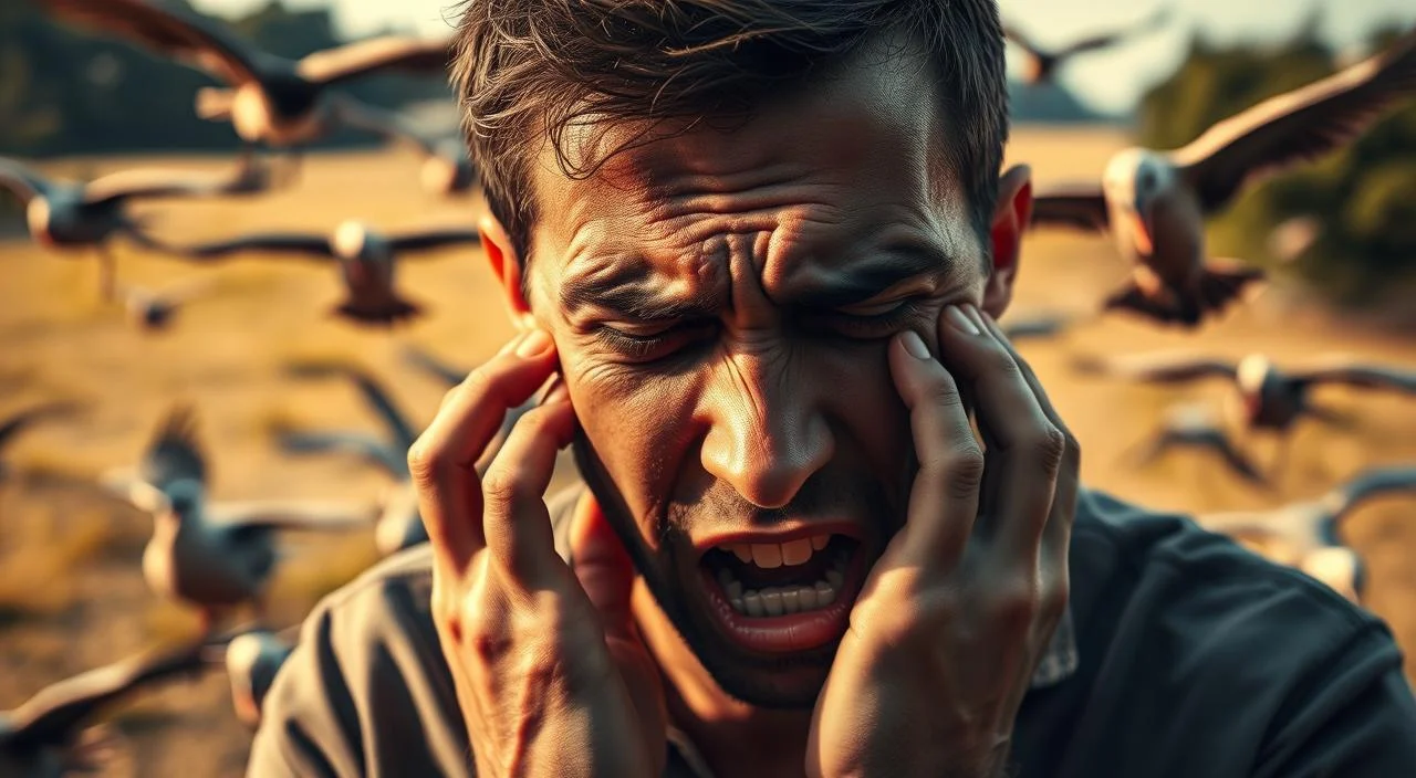 A detailed, photorealistic depiction of the symptoms associated with ornithophobia, or the fear of birds. The foreground features a person experiencing visible distress, with a panicked expression, sweating, and trembling hands. The middle ground shows a flock of birds approaching menacingly, creating a sense of imminent danger. The background is a tranquil outdoor setting, subtly hinting at the irrationality of the fear. Warm, natural lighting illuminates the scene, casting gentle shadows and creating a sense of realism. The composition is balanced, with the focal point on the person's face, emphasizing the psychological and physiological manifestations of this phobia.