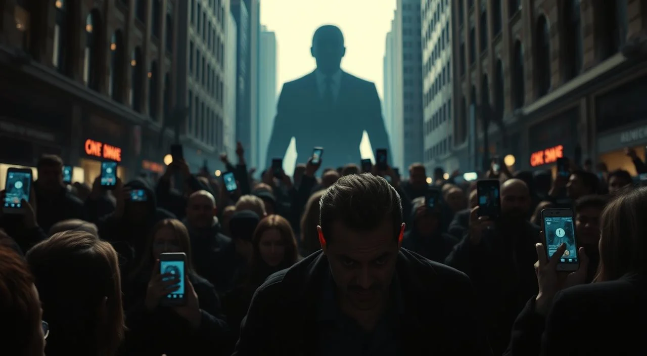 A dimly lit city street, cast in ominous shadows, as a figure in the foreground is being swarmed by a mob, their faces obscured by digital screens and social media icons. The figure's expression conveys a sense of fear and desperation, trapped in a cycle of relentless public scrutiny and judgment. In the background, the outline of a towering, faceless figure looms, representing the overwhelming power and influence of cancel culture. The lighting is harsh, creating a sense of unease and tension, emphasizing the gravity and consequences of this societal phenomenon.