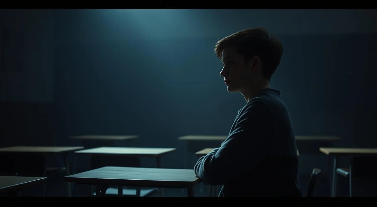 A dimly lit classroom, shadows cast across desks and chairs. A lone student, shoulders hunched, expression anxious, gaze averted. Whispers echo, judging eyes pierce. The air is thick with tension, a palpable sense of unease. Muted colors, muted emotions, a scene of academic trepidation. Soft, diffused lighting accentuates the isolation, the vulnerability. The student's posture reflects the weight of perceived scrutiny, the burden of self-consciousness. A narrative of academic anxiety, a portrait of the fear of judgment within the school walls.