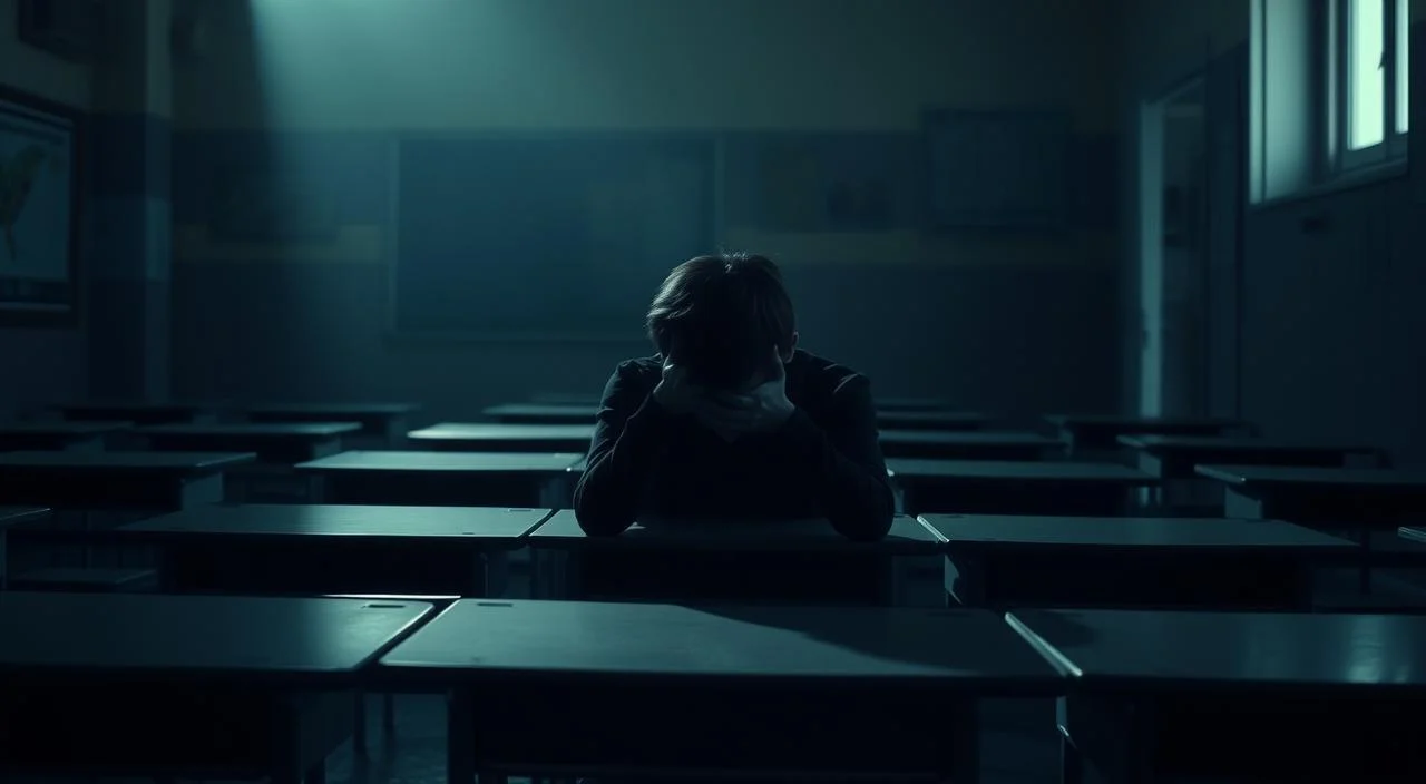 A dimly lit classroom, the desks and chairs cast long shadows. In the foreground, a student sits alone, shoulders hunched, face obscured by hands. The walls are adorned with posters and charts, but they seem distant, out of focus. The atmosphere is one of isolation and emotional turmoil, a palpable sense of psychological impact. Soft, muted lighting casts a somber tone, as if capturing a moment of introspection and the weight of academic pressure. The composition emphasizes the student's solitude, the classroom's emptiness serving as a metaphor for the internal struggles faced within the educational environment.