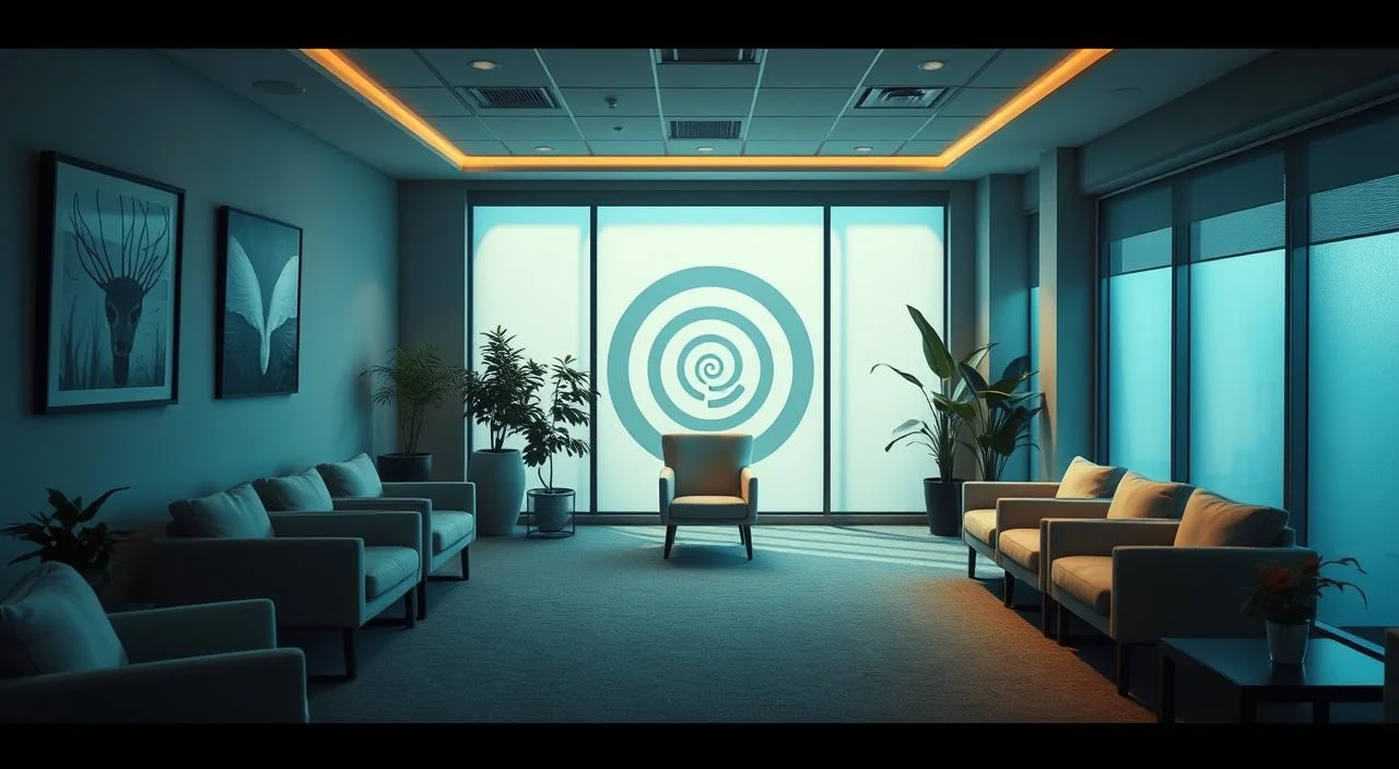 A dimly lit clinic interior, with soothing blue and green hues casting a calming atmosphere. A serene, well-appointed waiting room features plush, minimalist furniture and muted artwork on the walls. The focal point is a hypnotherapist's chair, positioned invitingly in the center of the room, bathed in soft, warm lighting. A spiral pattern, a classic hypnosis symbol, is subtly integrated into the design elements, creating a sense of focus and tranquility. Potted plants and diffused natural light through large windows add to the relaxing ambiance, conveying the clinic's expertise in techniques for stress relief and mental well-being.