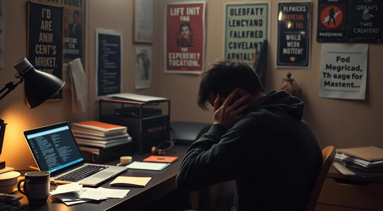 A dimly lit home office with a desk cluttered with unfinished tasks, a half-empty cup of coffee, and a laptop displaying an endless stream of notifications. The walls are adorned with motivational posters, a stark contrast to the overwhelming sense of inertia. The protagonist, their face obscured by their hands, sits hunched over, reflecting on the nagging voice of self-doubt and the fear of being judged for their lack of progress. The room is bathed in a warm, hazy light, creating an atmosphere of introspection and inner turmoil. The scene captures the modern context of procrastination, where the pull of technology, the pressure of societal expectations, and the weight of one's own insecurities converge to create a complex and often debilitating experience.