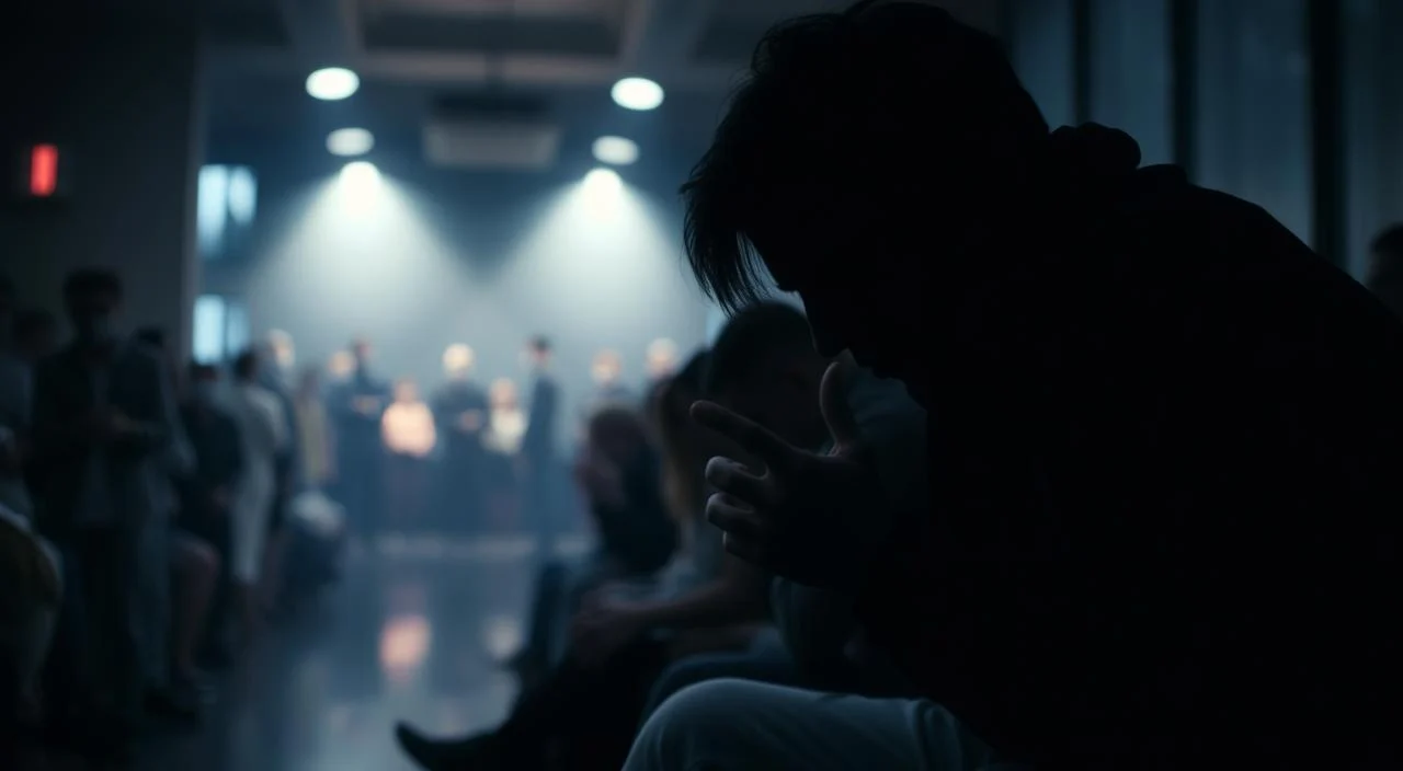 A dimly lit indoor scene depicting the physical and emotional symptoms of social anxiety. In the foreground, a figure sits hunched, hands trembling, face obscured by shadows. The middle ground shows the person's tense, clenched muscles, rapid breathing, and sweating. In the background, a blurred crowd of indistinct shapes, suggesting the sense of scrutiny and judgment that triggers the anxiety. The lighting is low and moody, casting an oppressive atmosphere. The overall scene conveys a palpable sense of distress, isolation, and discomfort.