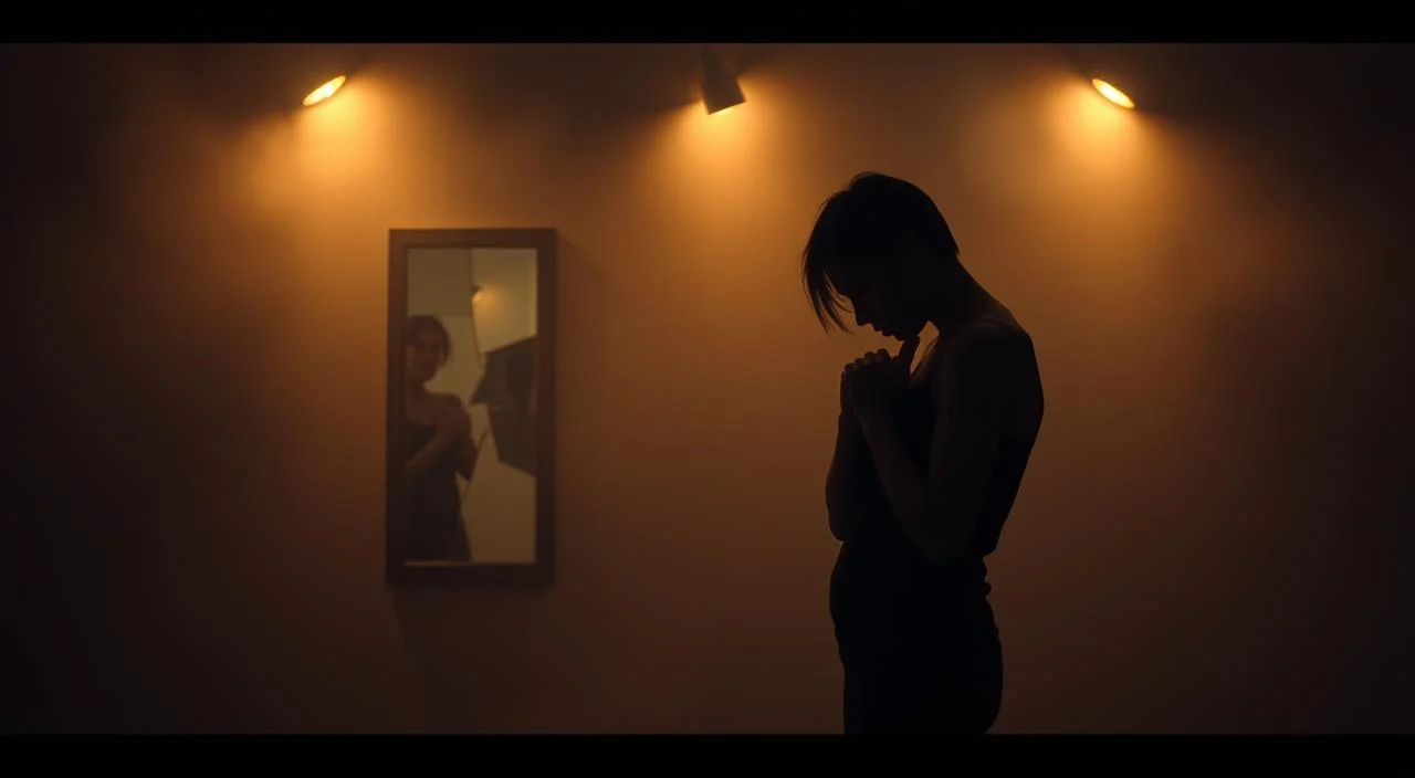 A dimly lit, introspective scene depicting the causes of fear of rejection. In the foreground, a figure stands alone, shoulders hunched, head bowed, hands clasped tightly as if grasping at insecurity. Subtle shadows cast across their face, hinting at the internal turmoil. In the middle ground, fractured mirrors reflect distorted self-images, symbolizing the warped perceptions that fuel this fear. The background is shrouded in a hazy, muted atmosphere, evoking a sense of isolation and disconnection. Warm tones give way to cooler hues, mirroring the emotional journey. Soft, dramatic lighting casts dramatic shadows, heightening the sense of vulnerability and inner struggle.
