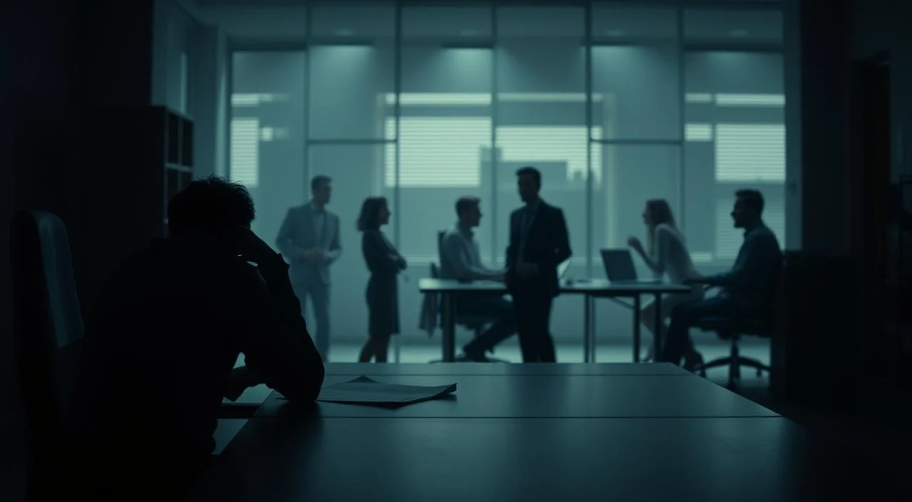 A dimly lit office setting, capturing the emotional challenges faced in the workplace. In the foreground, a figure sits hunched over a desk, their body language conveying a sense of stress and apprehension. The middle ground showcases a group of colleagues engaged in a tense discussion, their expressions reflecting the pressures of professional life. The background is hazy, with shadows casting an air of uncertainty and unease. Muted tones, soft lighting, and a sense of claustrophobia create an atmosphere of emotional turmoil, reflecting the complexities of navigating professional growth without the fear of judgment.