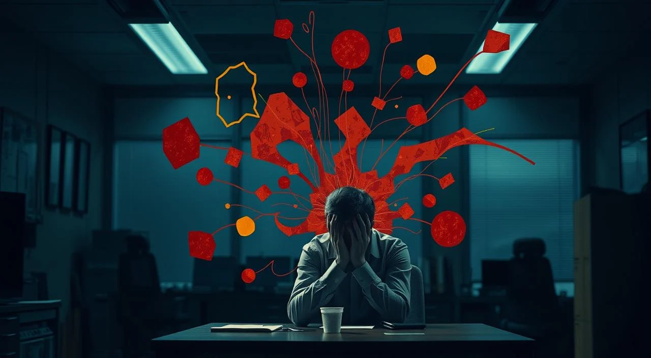 A dimly lit office setting, with a person sitting at a desk, shoulders hunched and head in hands, surrounded by a swirling vortex of thoughts and emotions represented by abstract shapes and lines in shades of red, orange, and yellow. Harsh overhead lighting casts dramatic shadows, creating a sense of tension and inner turmoil. The figure appears small and overwhelmed, symbolizing the crushing weight of internal pressure and self-criticism. The background is blurred, emphasizing the intense focus on the individual's internal struggle.