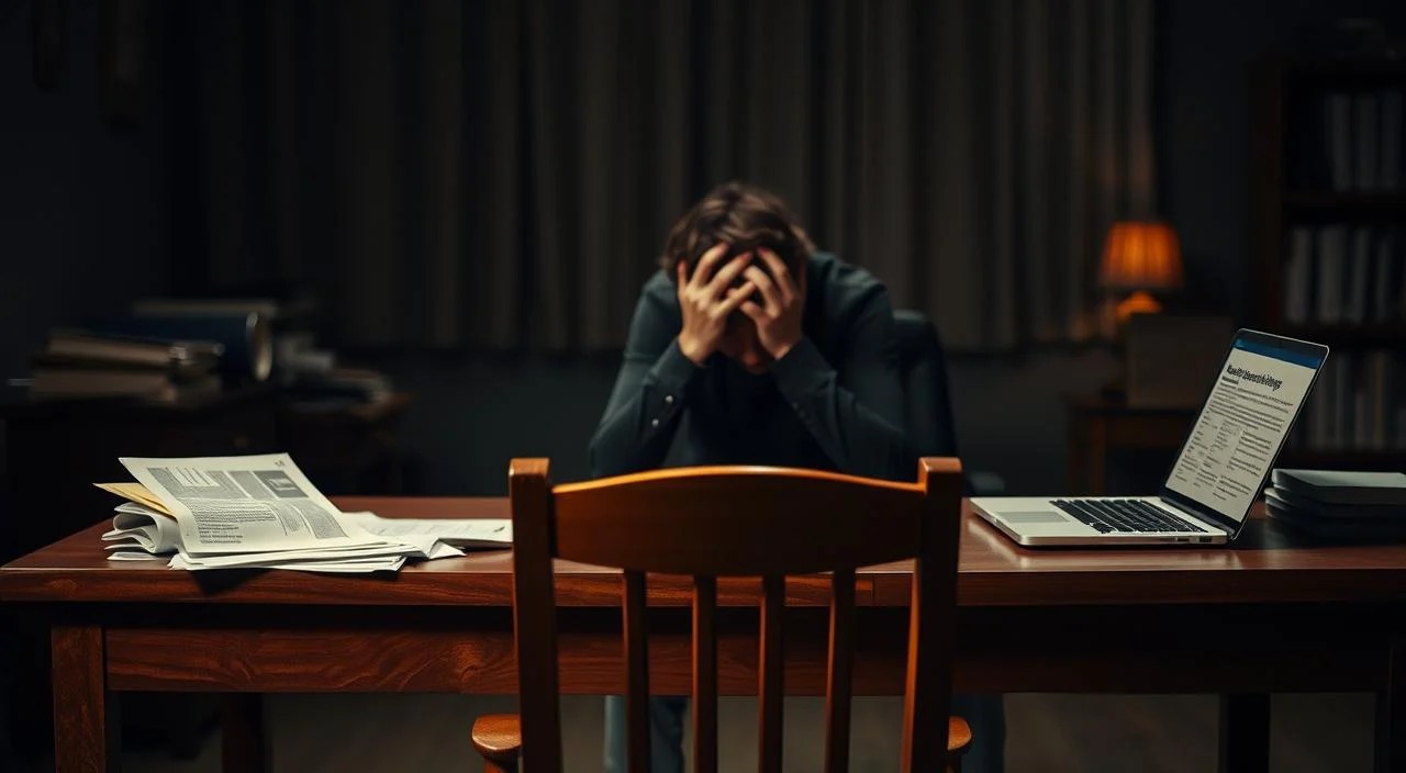 A dimly lit office setting, with a wooden desk and chair in the foreground. On the desk, various documents and a laptop symbolize the factors contributing to anxiety and depression, such as work stress, financial concerns, and personal issues. In the middle ground, a person sits hunched over, head in hands, reflecting the emotional toll of these risk factors. The background is blurred, conveying a sense of isolation and introspection. Soft, warm lighting casts shadows, creating an atmosphere of contemplation and unease. The composition emphasizes the interplay between the physical environment and the psychological state, illustrating the "Causas e Fatores de Risco" of anxiety and depression.